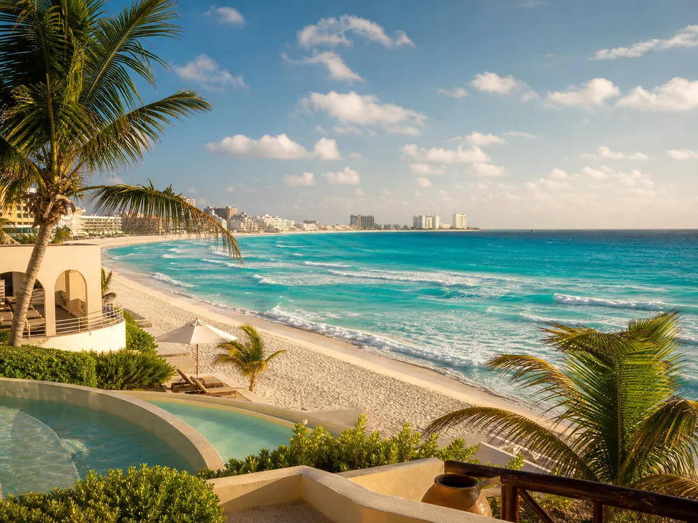 Playa turquesa y hoteles frente al mar en Cancún