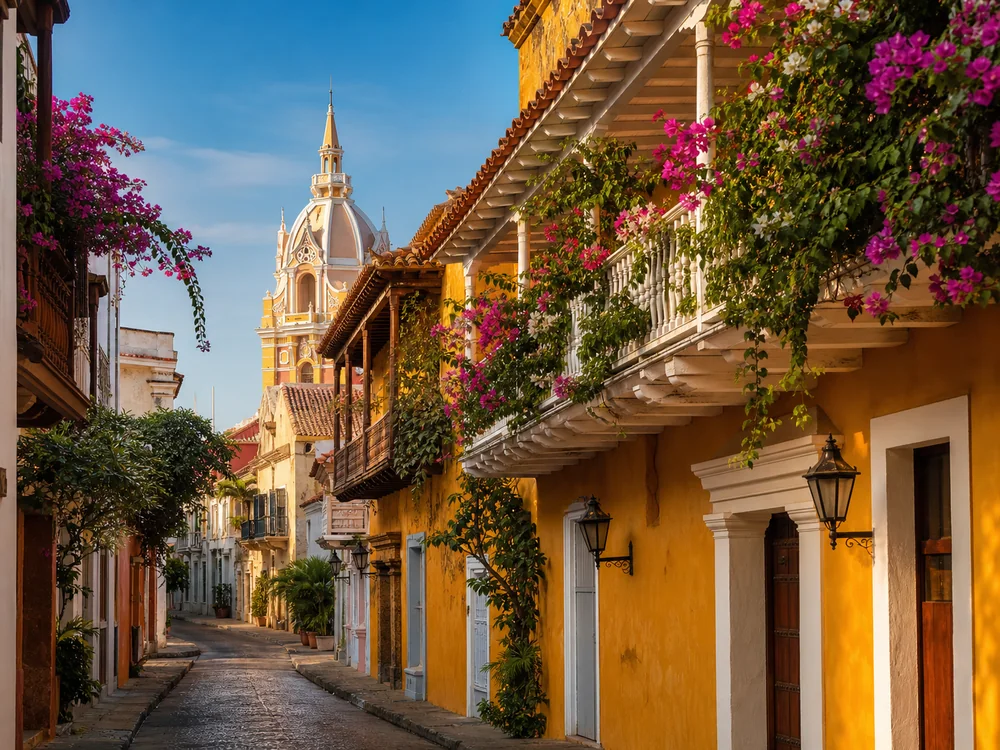 Calle colonial con balcones floridos en Cartagena