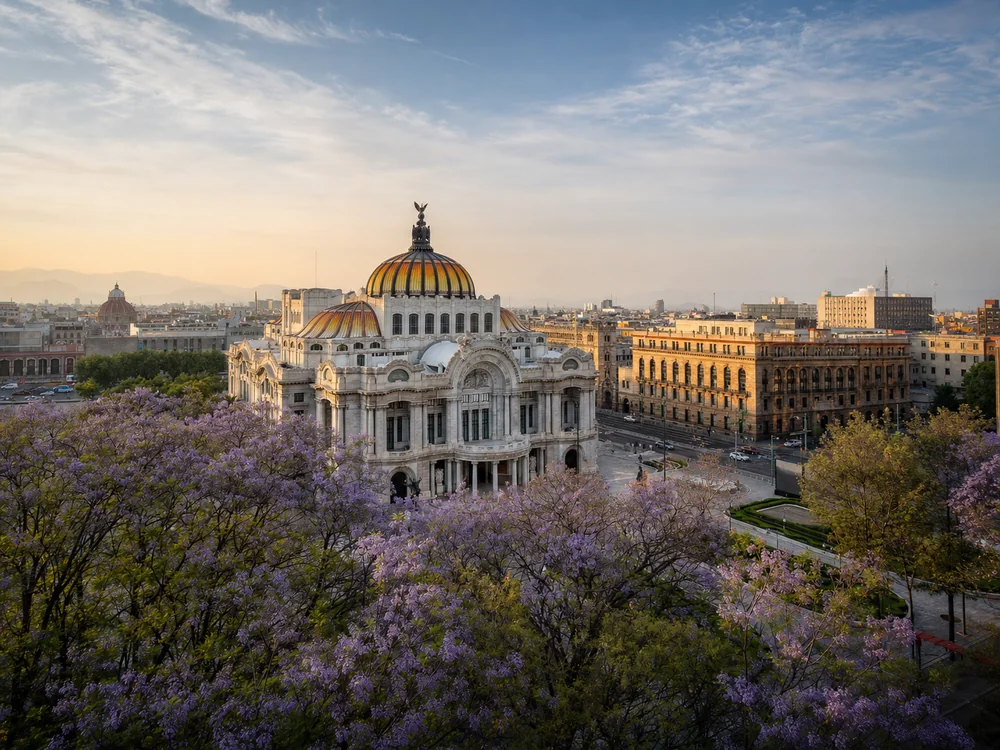 Palacio de Bellas Artes y jacarandas en Ciudad de México