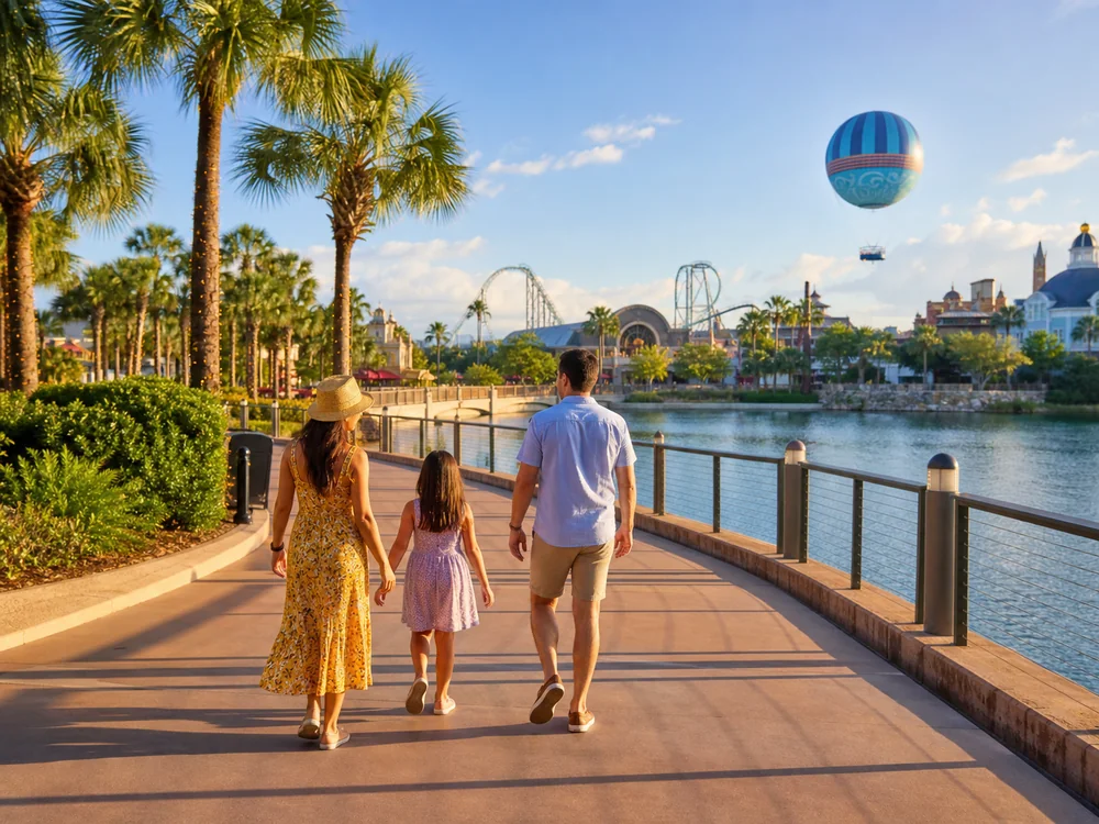 Familia caminando junto a atracciones y palmeras en Orlando